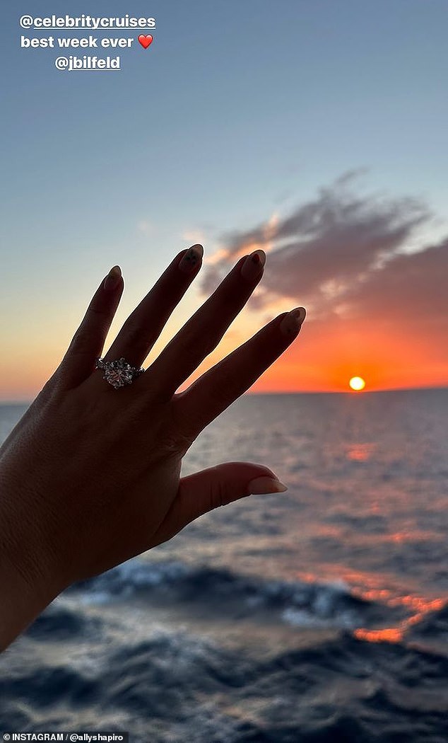 Shortly after, Shapiro quickly snapped a photo of her left hand to get a closer look at the diamond ring. '@celebritycruises best week ever @jbilfeld'