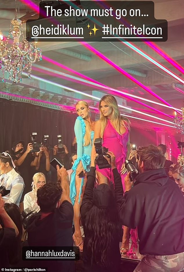 Later on Friday, Paris posted an Insta Stories photo of her and Heidi Klum posing on a runway in glamorous, nude ensembles