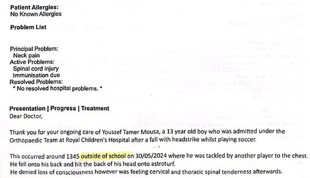 Although the hospital was told, according to the report (pictured), that the incident had occurred “outside school hours,” it happened at 1:45 p.m. on Thursday, May 30, a school day.