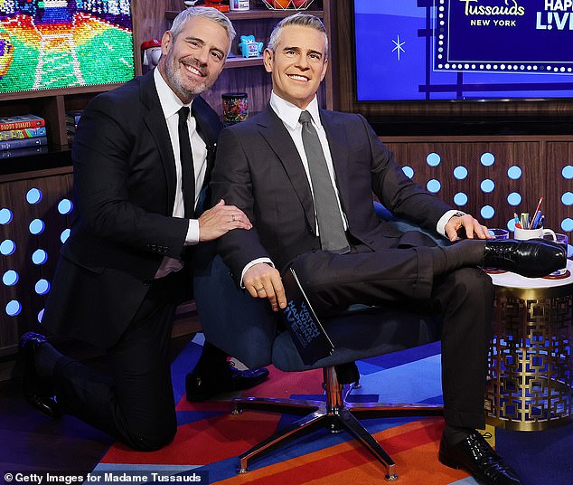 In the striking images, the real Andy Cohen is the bearded man wearing the black suit and black tie, while the image is clean-shaven with a silver tie