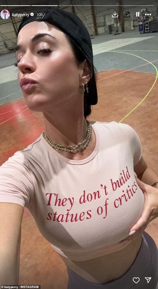 The Roar hitmaker's post comes after she shared a selfie of herself on Instagram wearing a top that read: 'They don't build statues of critics'