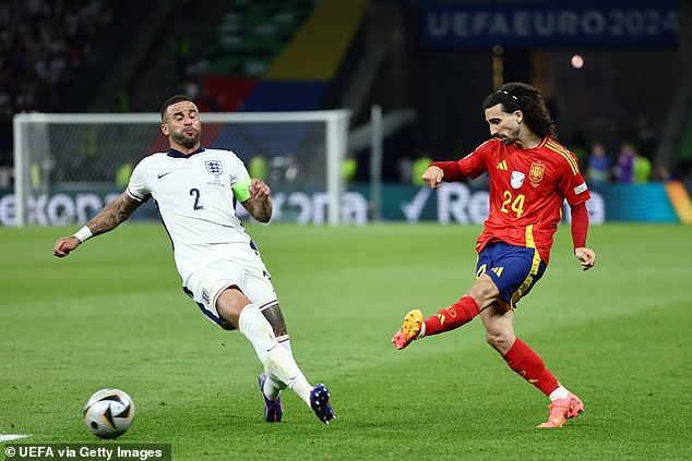 Walker (left) thinks he could have been 'a little quicker' to take out Marc Cucurella (right), who put Mikel Oyarzabal in the winning position