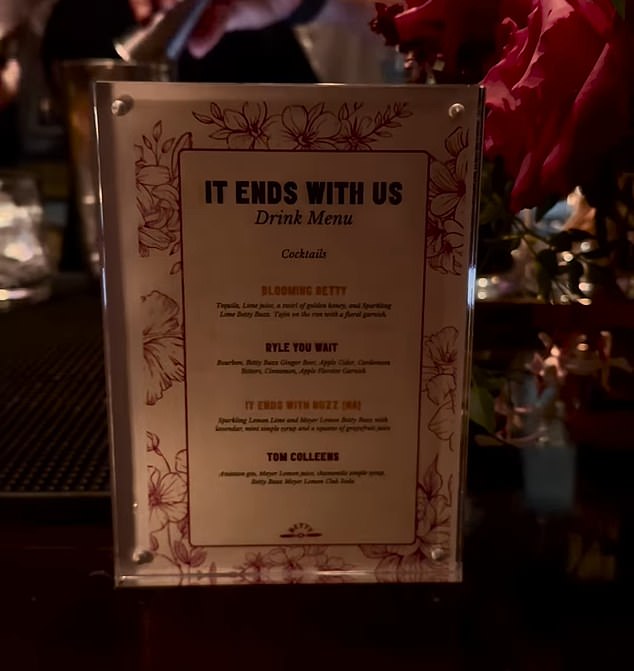 It revealed that it had put together an It Ends With Us themed menu for the party, featuring special drinks named after each of the characters