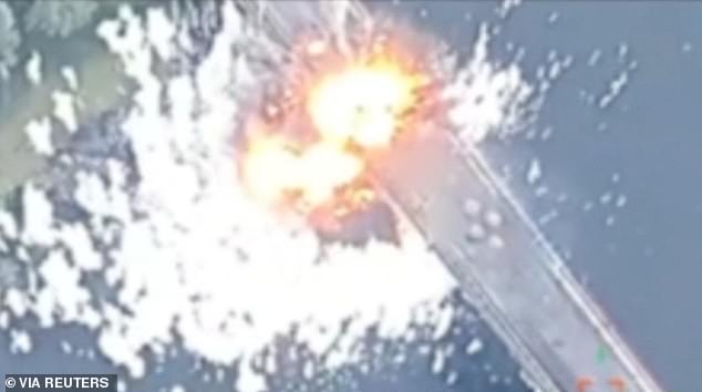 Dramatic aerial footage shows a huge explosion at the main border crossing in the Kursk region