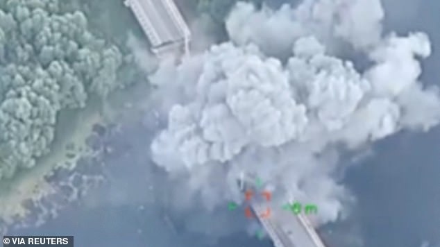 The bridge in the Glushkovsky district was blown apart on a second impact, after the first attempt had torn a hole in the structure but left it intact