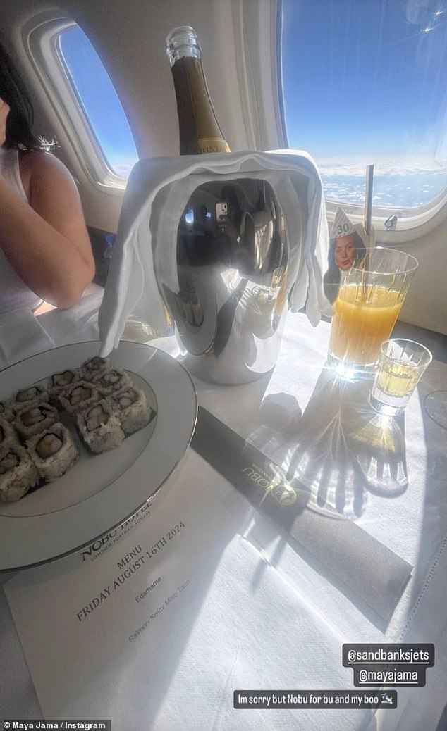 On board their Sandbanks Jets flight, the group dined on a menu from Japanese restaurant Nobu, sipping champagne and wearing masks of Maya's face