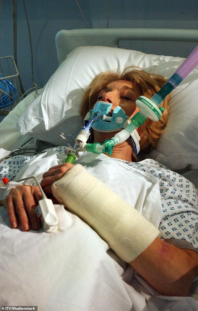 Meanwhile, Coronation Street fans are fearing that Gail could now be 'killed off', with Martin no longer part of her exit plan (Gail is pictured in a hospital bed in 2008 after being pushed down the stairs by her son David).