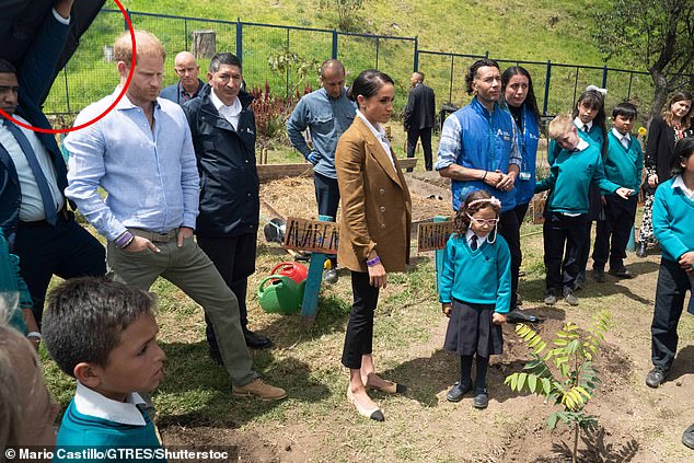 A security guard was seen holding up the bulletproof shield as Harry and Meghan helped children plant trees in a school garden on Friday