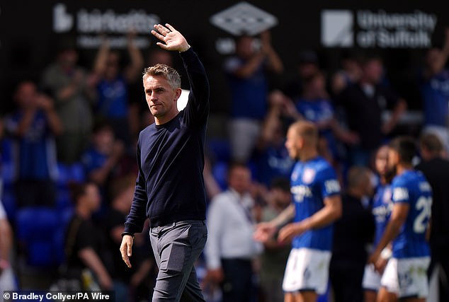 Ipswich manager Kieran McKenna waved to the crowd after the final whistle on Saturday