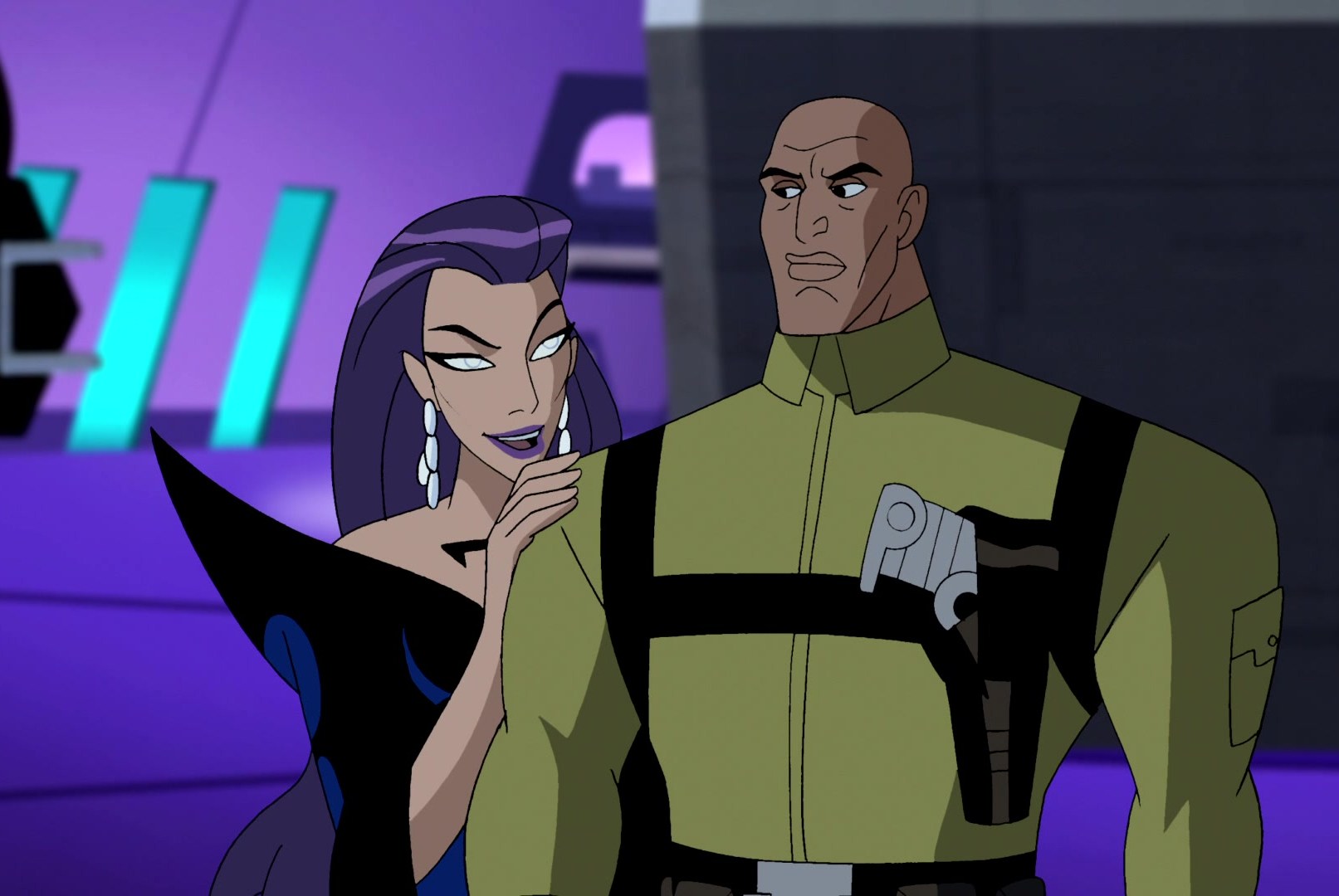 Tala hangs intimately on Lex Luthor's shoulder, while he looks a little uncomfortable in Justice League Unlimited.