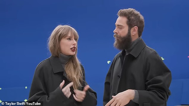 Eagle-eyed fans think the rapper who appeared on Taylor's track Fortnight will join her on stage after spotting symbols next to each concert date (Taylor and Poit Malone pictured together)