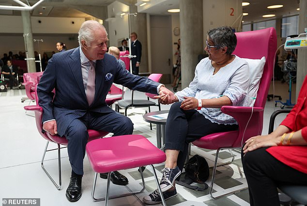 Charles made his first public appearance after his diagnosis at a cancer hospital on April 30, where he met other patients