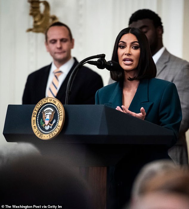 Kardashian speaks at the White House in June 2019