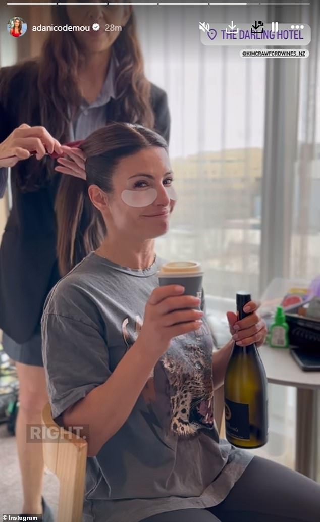 Sitting in a chair as hairstylist Rosemary Saffioti worked on her Logies hairstyle, the actress held a to-go coffee in one hand and a bottle of wine in the other