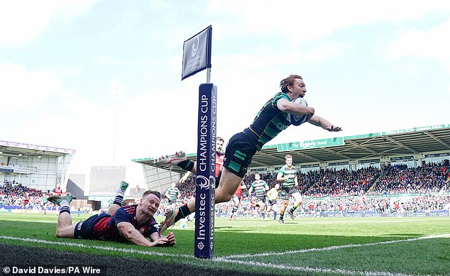 Fullback Hendy pictured scoring a try for Northampton in a Challenge Cup match in April