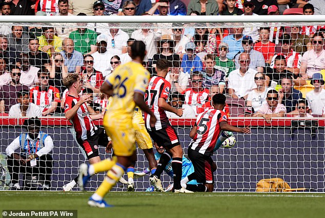 Palace equalised thanks to an own goal from Brentford defender Ethan Pinnock (right)