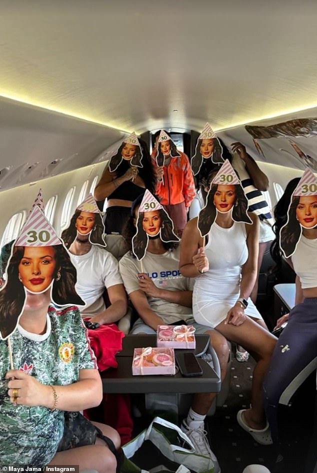 On board their Sandbanks Jets flight, the group dined on a menu from Japanese restaurant Nobu, sipping champagne and wearing masks of Maya's face