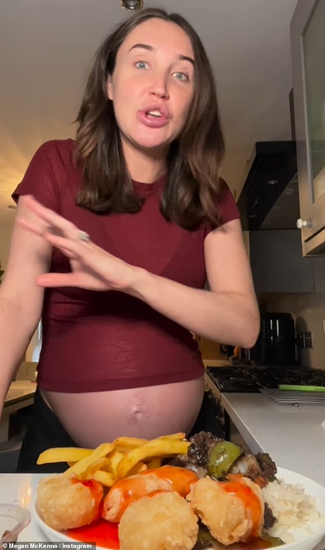 While the star was serving[ her Chinese takeaway fans were quick to notice that Megan's bump had dropped and commented underneath the post: 'Your baby bump has definitely dropped.'