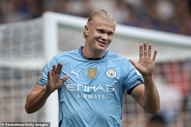 Erling Haaland (pictured) meanwhile was praised by Pep Guardiola for scoring 'the numbers are for Messi and Cristiano Ronaldo'