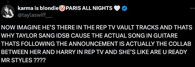 Writing: 'And you're going to hate me for saying this... but Harry hanging out with the Haim sisters means there's about a 98% chance he's hanging out with Taylor too'