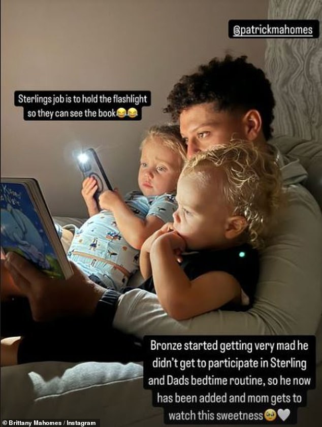 The 28-year-old pregnant co-owner of the soccer team posted a photo to her Instagram Stories of Patrick, 28, reading to their daughter Sterling, three, and her 20-month-old son Bronze