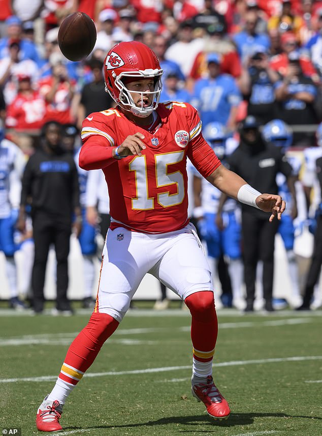 Patrick is shown throwing a pass during a practice game in Kansas City on Saturday