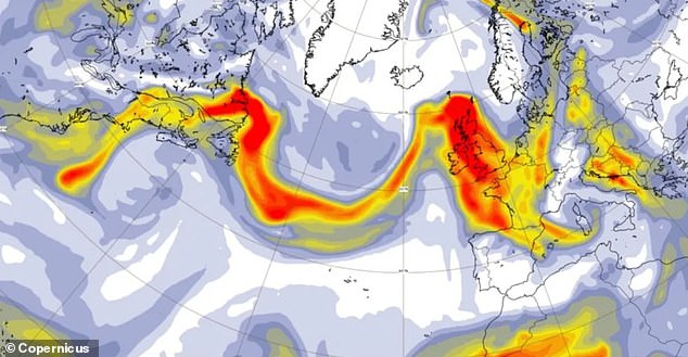 This image from the Copernicus weather satellite shows how the smoke in the jet stream will move tonight at 6pm