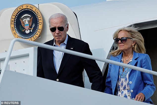 President Joe Biden and first lady Jill Biden step off Air Force One at Joint Base Andrews after spending the weekend at Camp David