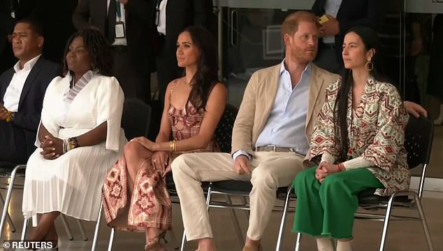 The 39-year-old Duke of Sussex appeared distracted as he rested his arm on his translator's chair during the performance at the Delia Zapata National Centre for the Arts