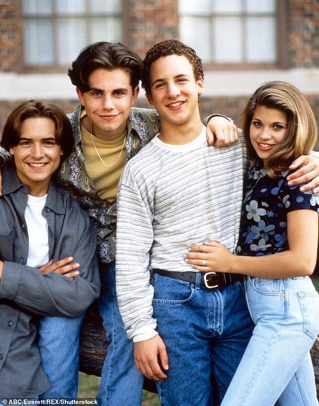 Fishel is best known for his role as Topanga Lawrence on the teen sitcom Boy Meets World; pictured right with co-stars Will Friedle, Rider Strong and Ben Savage