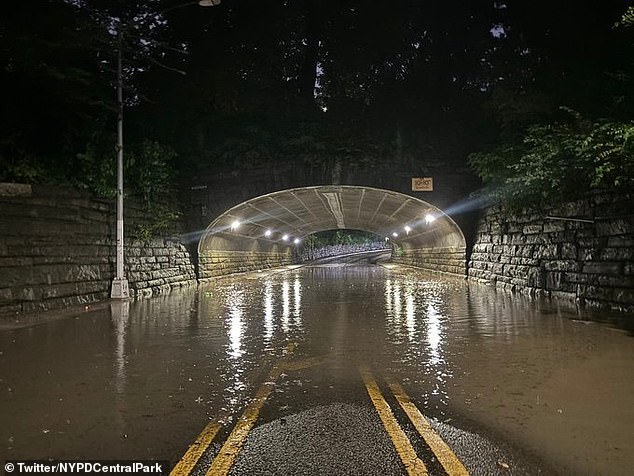 Major thoroughfares through New York's Central Park have been inundated by floodwaters