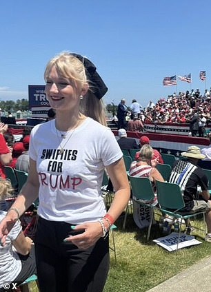 Jenna Piwowarczyk, pictured at a Trump rally in Wisconsin, wore a 'Swifties for Trump' T-shirt