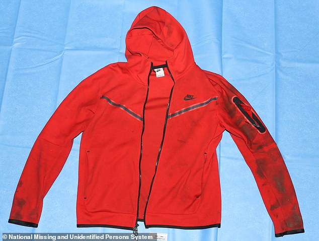 The body was also found wearing this 'red Nike zip-up hoodie, size medium' - identical to the jacket the man is wearing in the Ring camera footage