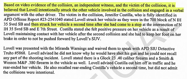 A police statement provided further details about the alleged road rage incident involving Lovell