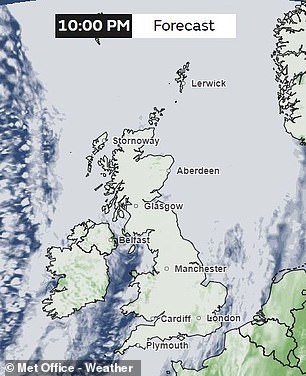 From 22:00 BST the Met Office is forecasting thick cloud over most of the UK