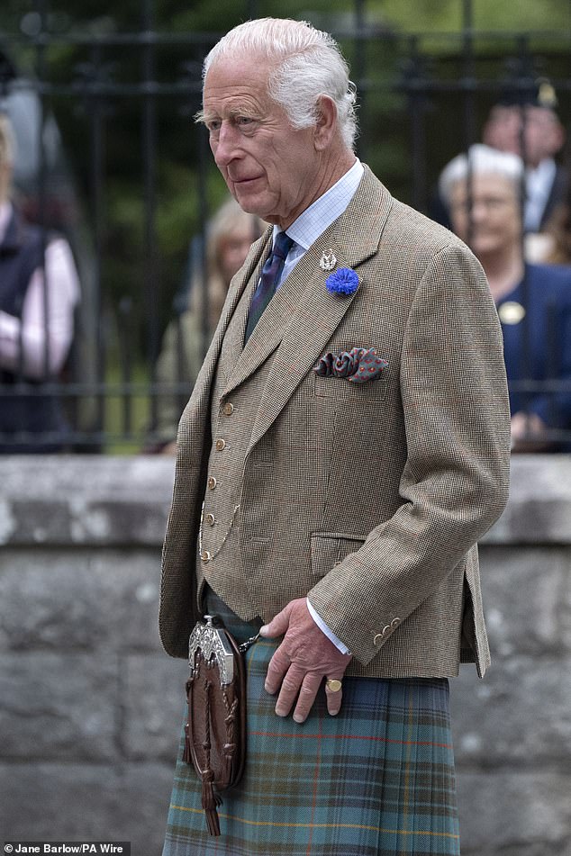 King Charles III inspects the Balaklava Company, 5th Battalion, The Royal Regiment of Scotland, at the gates of Balmoral on Monday