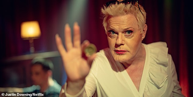 Also making her debut was Suzy Eddie Izzard, 62, who cut a glamorous figure in a plunging white dress in a scene where she appeared to be a talent show judge