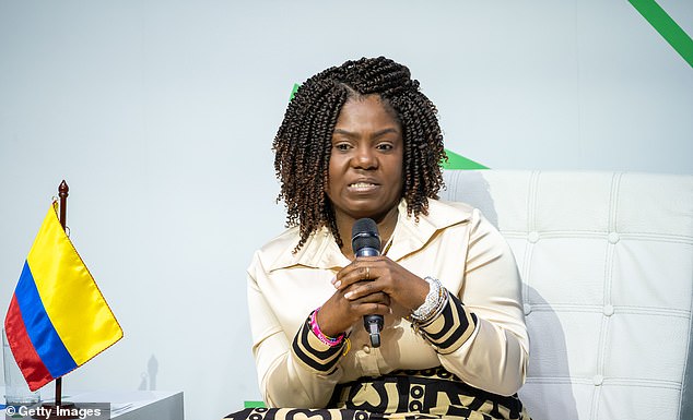 Colombia's Vice President Francia Marquez speaks on stage during a forum on digital responsibility at EAN University during a visit on August 15