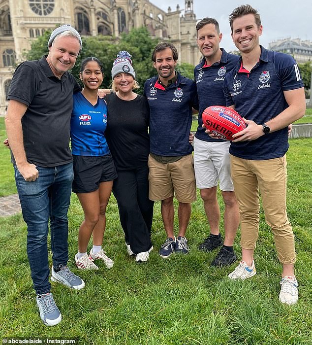 Schiller (left) and Feldhoff (second from left) also interviewed an Aussie Rules team from Paris