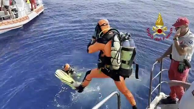 Divers are scouring the sea for the missing person at the site where the superyacht sank off the coast of Sicily on August 19