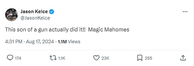 Travis Kelce's older brother - Jason - shared his reaction to Mahomes' wizardry in a post on X