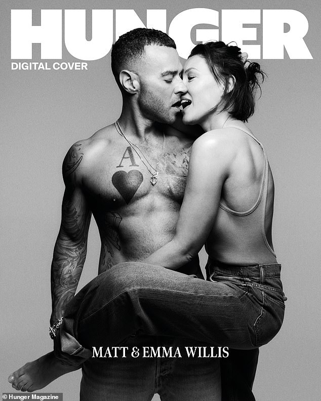 Photographed by Rankin, Emma, ​​48, wrapped her arms around her shirtless husband, 41, before they shared a spicy kiss