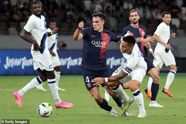 Man United want to sign 23-year-old Uruguayan midfielder Manuel Ugarte (center) from PSG