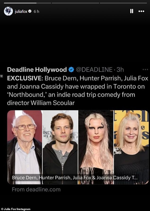 On Monday, Deadline reported that Julia has signed on to play “a mysterious and dangerous woman” in William Scoular’s ​​indie road trip comedy Northbound alongside Bruce Dern, Hunter Parrish and Joanna Cassidy.