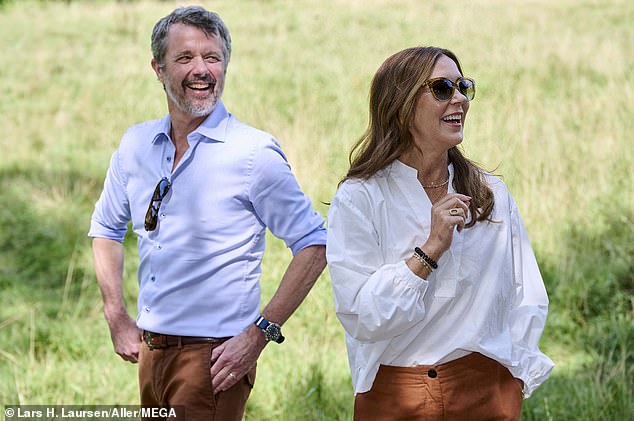 King Frederik, 56, looked dapper in a crisp blue shirt, brown trousers and boots as he took part in the royal summer tour