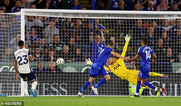 Jamie Vardy (second left) scored the equaliser in the second half to cancel out a Pedro Porro strike