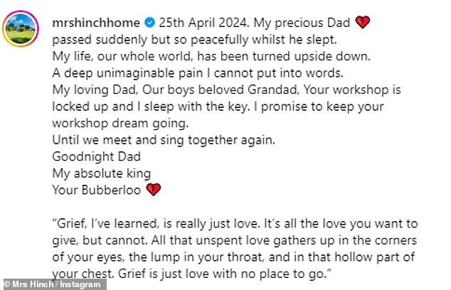 When she announced her father's death in May, she wrote: 'April 25, 2024. My dear father passed away suddenly but so peacefully while he was sleeping. My life, our entire world, has been turned upside down'