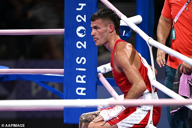 Harry Garside pictured during his first round fight at the Paris 2024 Olympic Games, which he lost to Hungarian Richard Kovacs