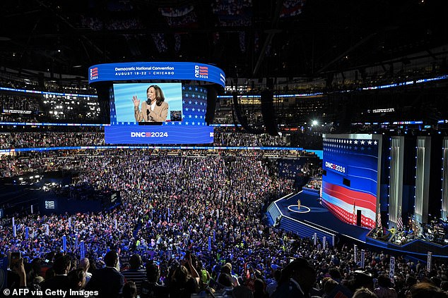 Vice President and 2024 Democratic presidential nominee Kamala Harris speaks on the first day of the Democratic National Convention at the United Center in Chicago on Monday