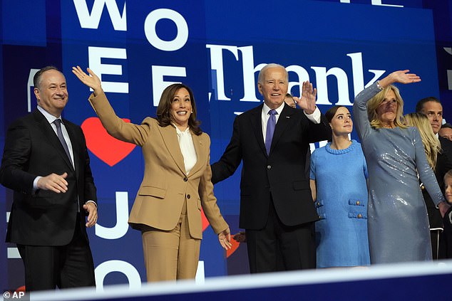 President Joe Biden and first lady Jill Biden stand onstage with Democratic presidential nominee Vice President Kamala Harris and second lady Doug Emhoff